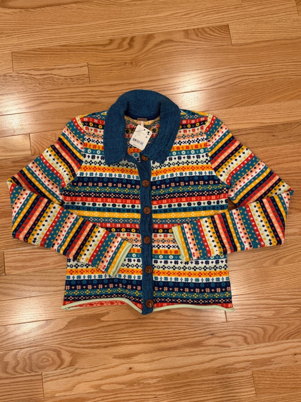 NWT Free People Teal Knit Cardigan with Multicolor Fair Isle Interior